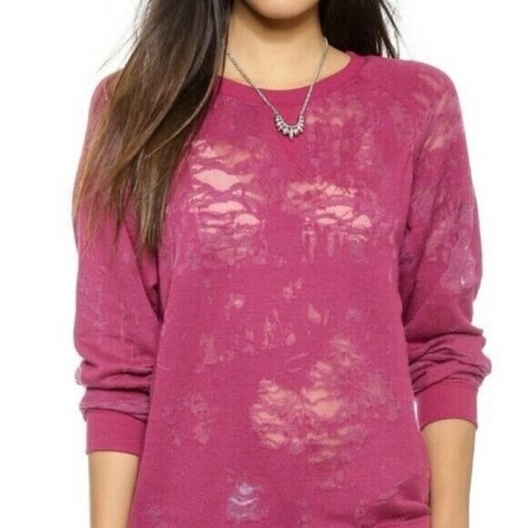 IRO JEANS Womens Small Sweatshirt Garth Wine Red Destroyed Burnout Sweater - Picture 1 of 9